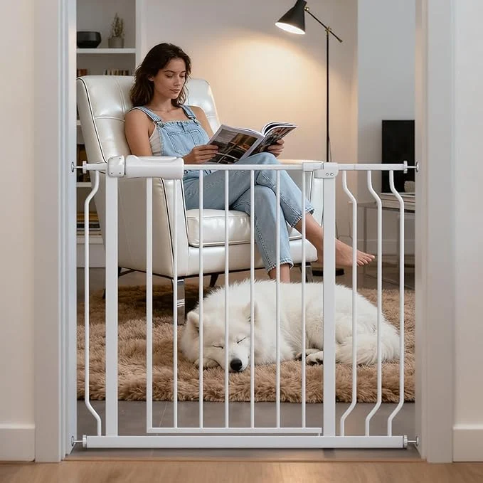 Smooth TSAYAWA Extra Wide Baby Gate with Door 33.8-38.5 Inch Walk Through Large Long Child Gates for Stair Doorway - Indoor Outdoor Safty Gate for Toddler Pet Dog Doggie WhiteAbout ThisOverview Soft