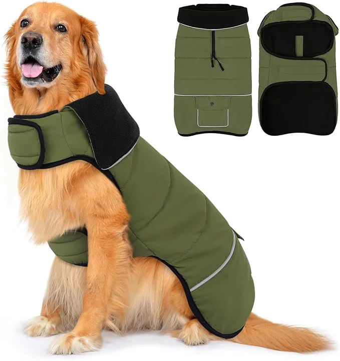 Authentic Dog Coat Large Dog Jacket Windproof Dogs Puffer Jacket Fleece Lined Warm Dogs Winter Coat with Harness Hole Army Green XL About ThisOverview World-Class