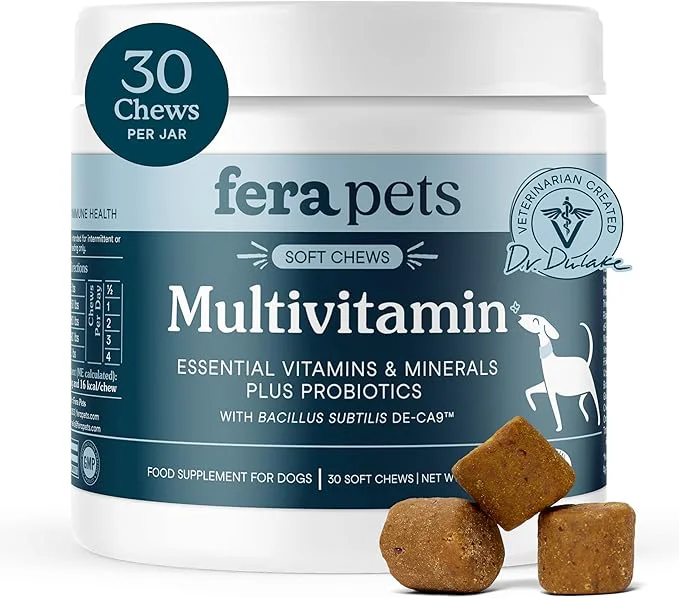 Pure Fera Pets Dog Multivitamin Chews with Glucosamine and Probiotics - Essential Dog Vitamins Minerals - Promotes Healthy Digestion Joints - Boosts Skin Coat Health with Omega-3s - 30 Soft ChewsAbout This Premium Material