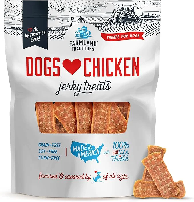 Smooth Farmland Traditions Dogs Love Chicken Jerky Dog Treats Premium Two-Ingredient Dog Jerky with USA-Raised Chicken No Antibiotics Ever 3 Pound Pack of 1 Bag.About This Casual