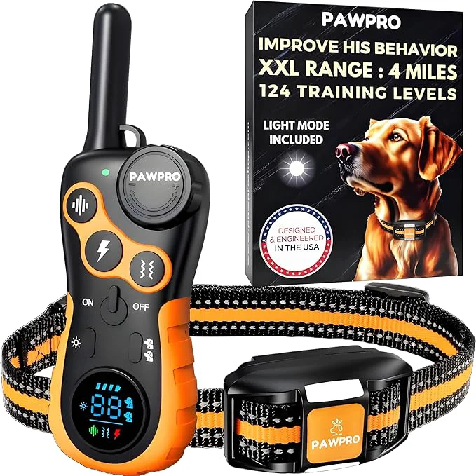 Professional Dog Shock Collar with Remote 4-Mile Range Night-Light Mode Training Guide Included 124 Training Levels 4 Modes Beep Vibration Shock Waterproof Rechargeable Fits All Dogs 1 Collar About ThisOverview Refined