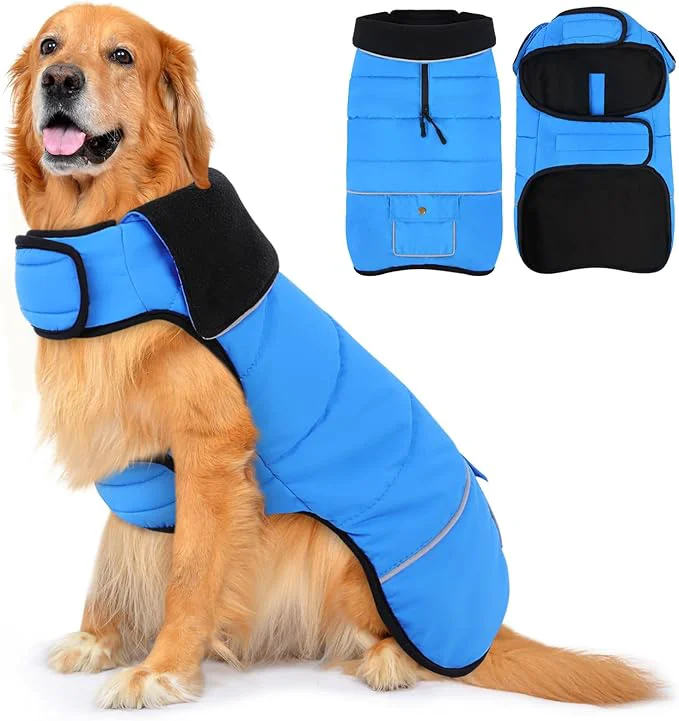 Authentic Dog Coat Large Dog Jacket Windproof Dogs Puffer Jacket Fleece Lined Warm Dogs Winter Coat with Harness Hole Blue XL About ThisOverview Smooth