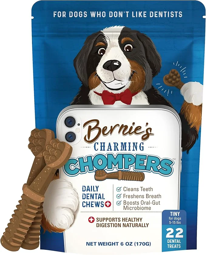 Elegant Bernie's Charming Chompers - Daily Dental Chews for Dogs 5-15 Lbs. - 22 Count - Cleans Teeth Freshens Breath Boosts Oral-Gut Microbiome. Easy to Digest Supports Healthy Digestion NaturallyAbout This Carefully Designed