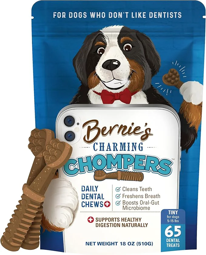 Efficient Bernie's Charming Chompers - Daily Dental Chews for Dogs 5-15 Lbs. - 65 Count - Cleans Teeth Freshens Breath Boosts Oral-Gut Microbiome. Easy to Digest Supports Healthy Digestion NaturallyAbout This High-End