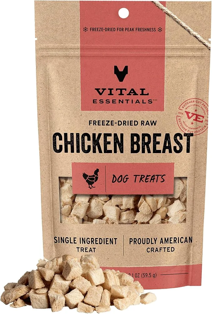 Elegant Vital Essentials Single Ingredient Chicken Breast Dog Treats 2.1 oz ze-Dried Raw Premium Quality High Protein Training Treats Grain Gluten Filler About This