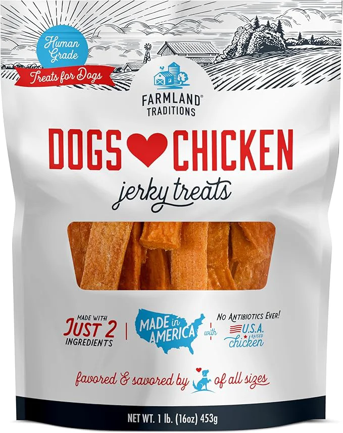 Modern Farmland Traditions Dogs Love Chicken Jerky Dog Treats Premium Two-Ingredient Dog Jerky with USA-Raised Human-Grade Chicken No Antibiotics Ever 1 Pound Pack of 1 BagAbout This Lightweight