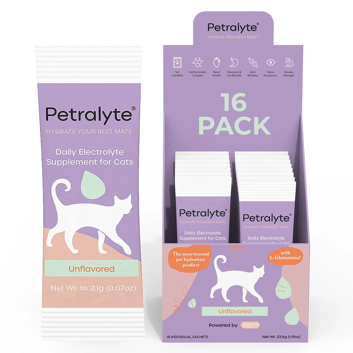 Recyclable Petralyte Cat Hydration Electrolyte Joint Supplement Glucosamine Taurine L-Glutamine Prebiotics Unflavored 16 Packets Refined
