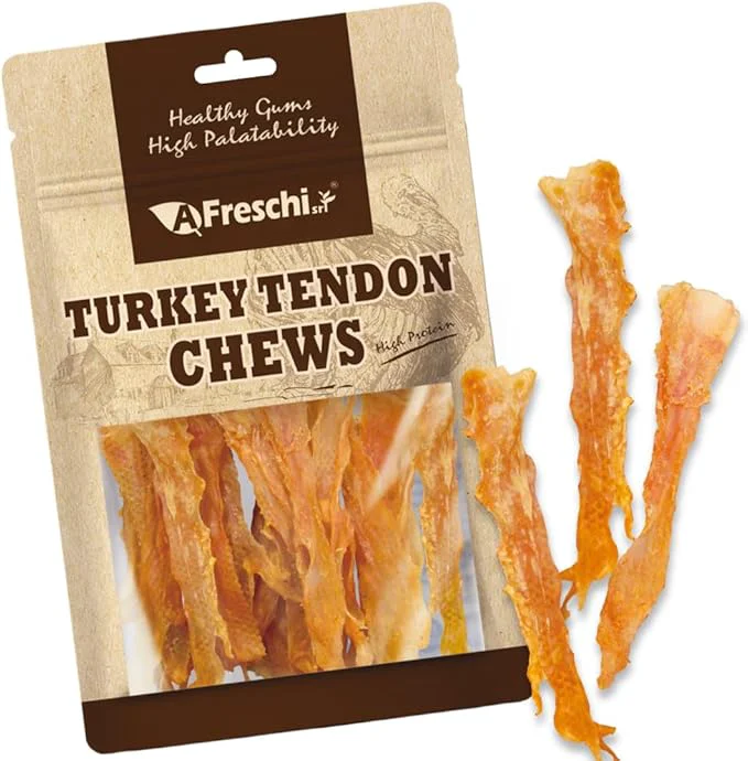 AFreschi Turkey Tendons for Dogs USA-Sourced Healthy Dog Treats Rawhide- Puppy Chews Long Lasting All Natural Hypoallergenic Dog Treats Classic Series Flaked 3.5 oz PackAbout This Traditional