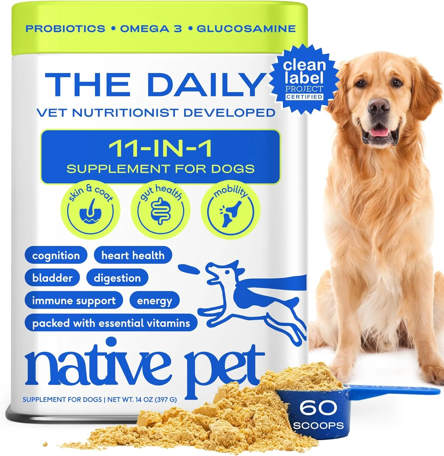 Soft Native Pet Dog Vitamins Supplements - 11-in-1 Multivitamin Powder for Dogs Food Topper - Collagen Glucosamine Probiotics Omega More- Supports Healthy Gut Mobility Overall Health -60 Scoops Functional
