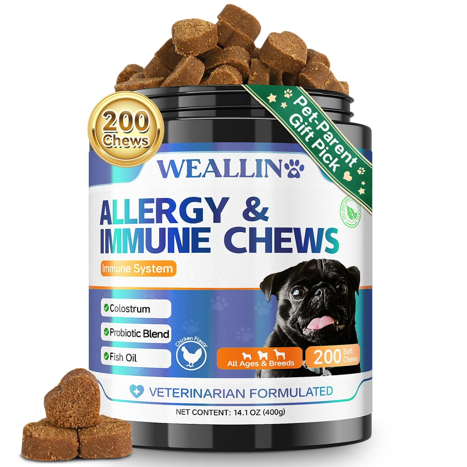 Reusable WEALLIN 200 PCS Dog Allergy Chews – Probiotic Omega-3 Skin Coat Support Detailed