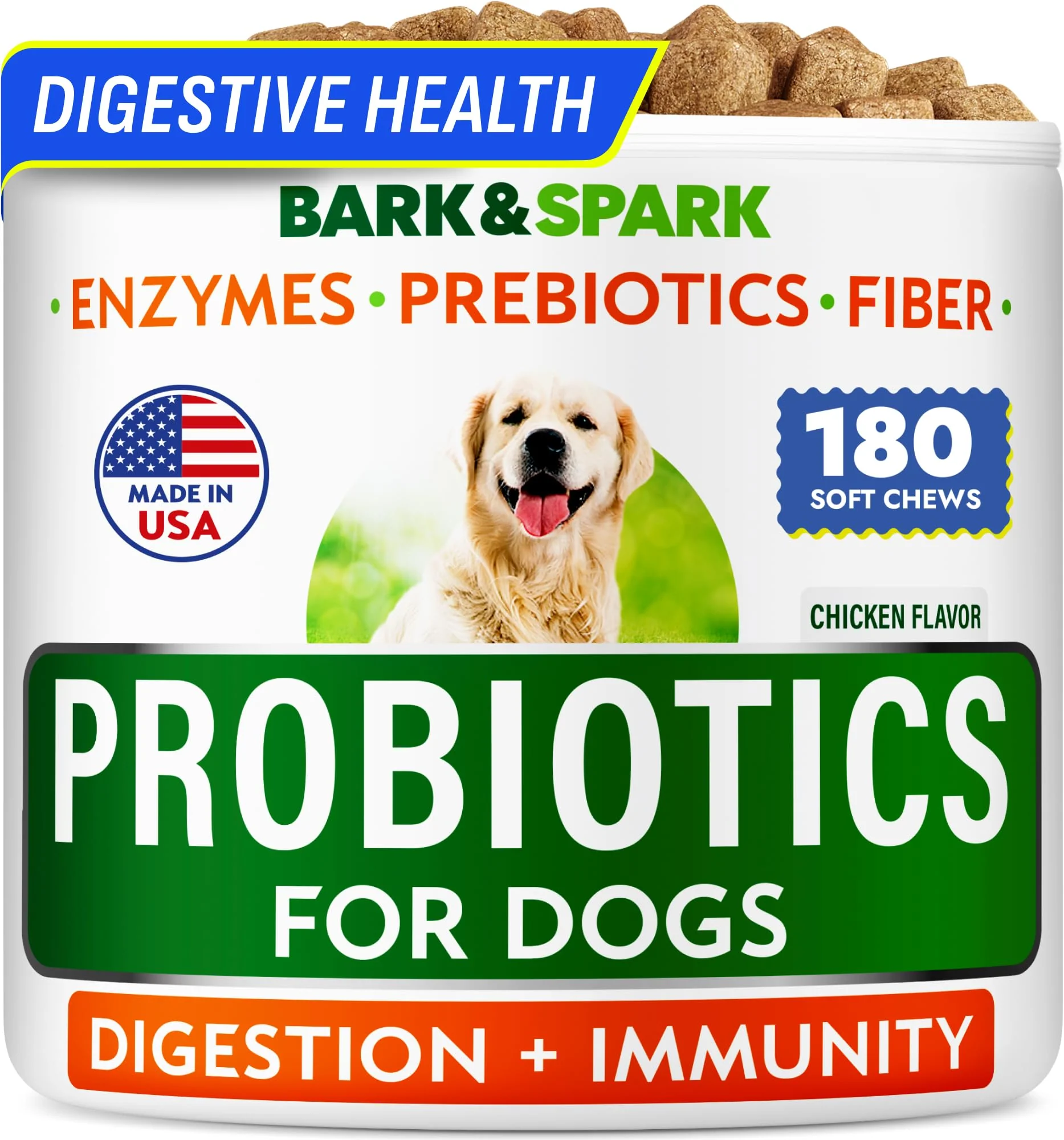 Practical BARK SPARK Dog Probiotics with Enzymes Fiber – Digestive Health Diarrhea Gas Support 180 Count Chicken Next-Generation