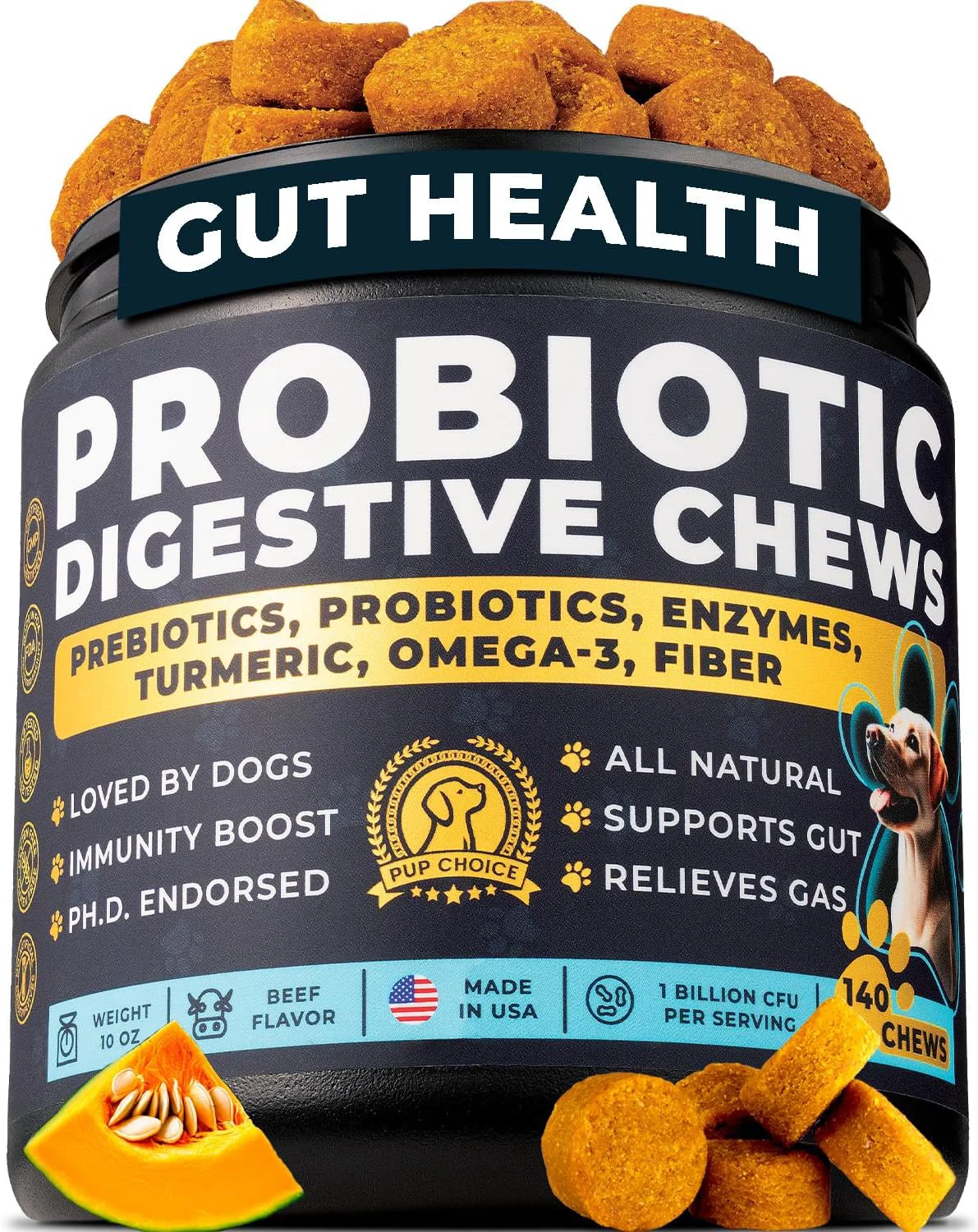Modern Probiotics for Dogs - PhD Endorsed Digestive Enzymes - Gut Health Diarrhea Bowel Support - Dog Treats with Turmeric Omega-3 Fiber - Immune Soft 140 Chews - Beef Flavor - Made in USA High-Performance