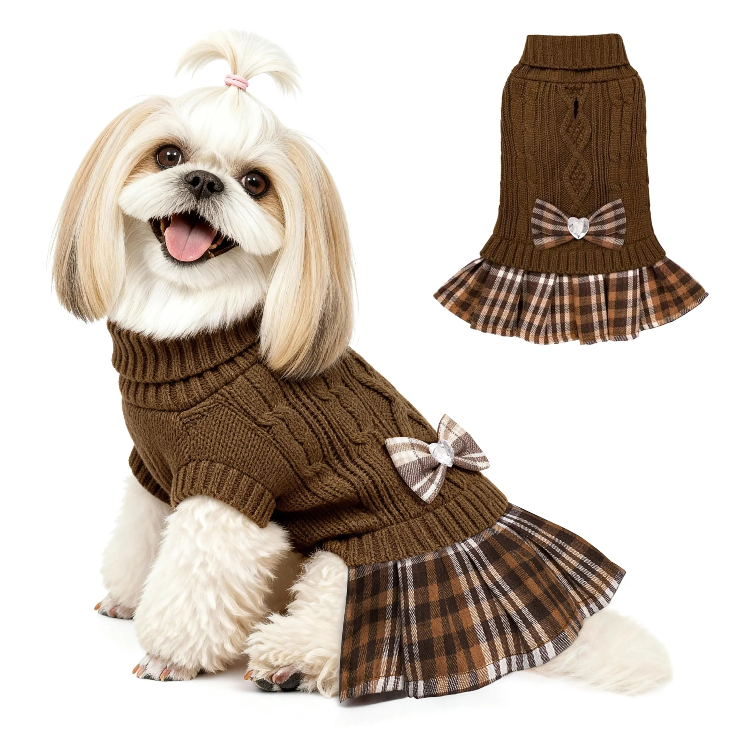 Effective YUDODO Small Dog Sweater Dress with Bowtie — Knit Turtleneck Winter Coat for Chihuahuas Yorkies Brown Trendy