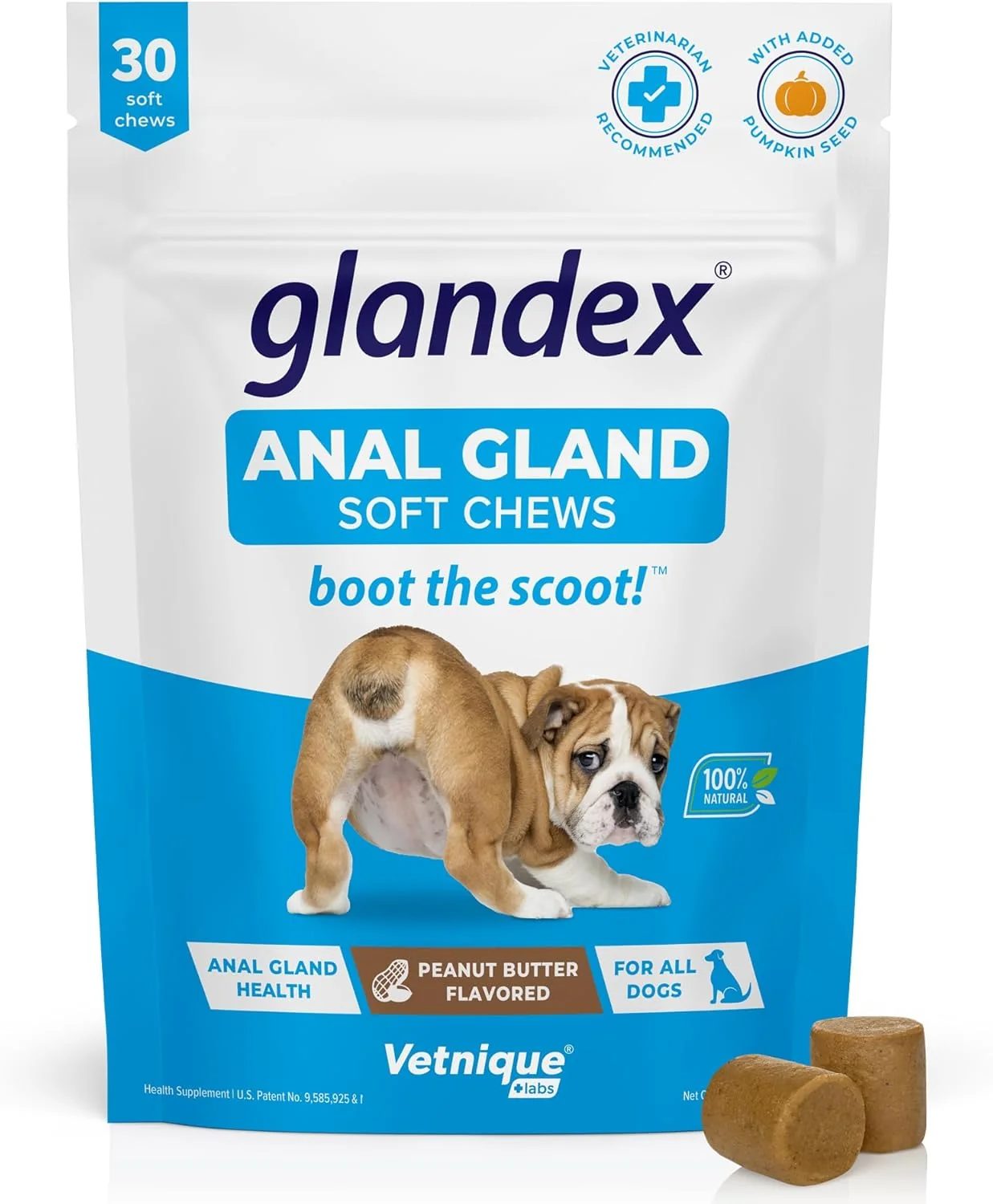 Certified Vetnique Labs Glandex Anal Gland Soft Chew Treats with Pumpkin for Dogs Digestive Enzymes Probiotics Fiber Supplement for Dogs Boot The Scoot Peanut Butter Chews 30 Count Artisan