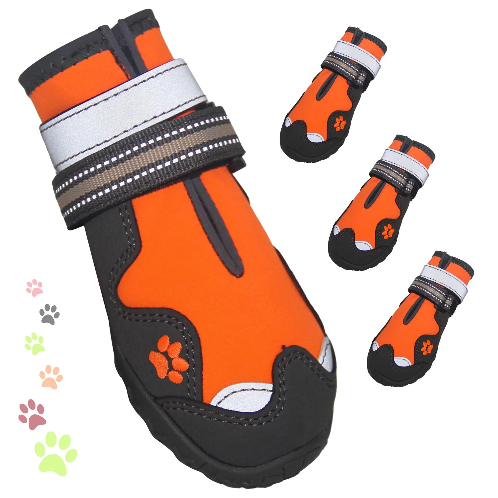Crafted FISHOAKY Dog Shoes for Large Dogs - 360° Anti-Slip Waterproof Boots with Reflective Strips Size 1 Orange 4 Pack Relaxed