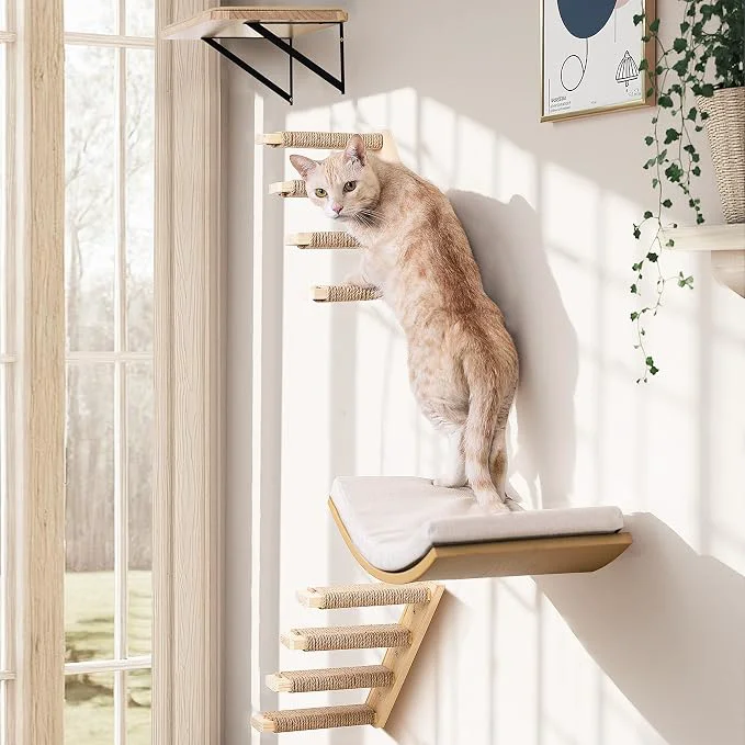 Casual Cat Wall Shelves with Cats Window Perch – 4-Piece Wooden Cat Climbing Furniture High-Grade