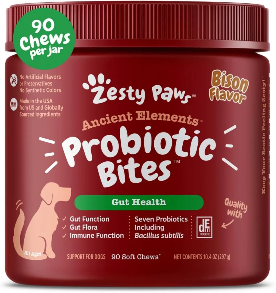 Clean Zesty Paws Probiotics for Dogs Digestive Enzymes Gut Flora Digestive Health Diarrhea Bowel Support DE111 Dog Probiotics Soft Chew for Pet Immune System Chicken 90 Ct Classic