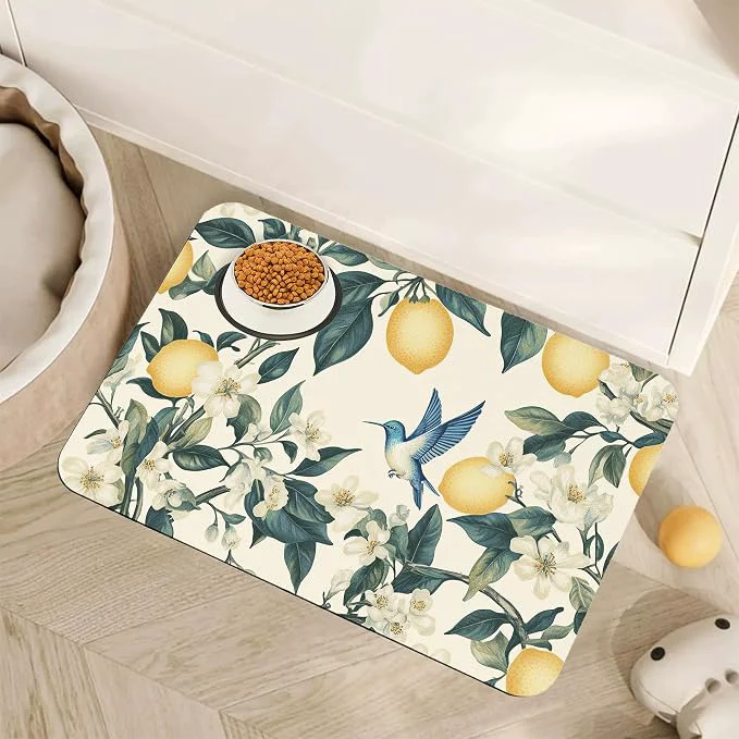 Superior Hummingbird Dog Food Mat for Floors Vintage Lemon Absorbent Quick-Dry Pet Reliable