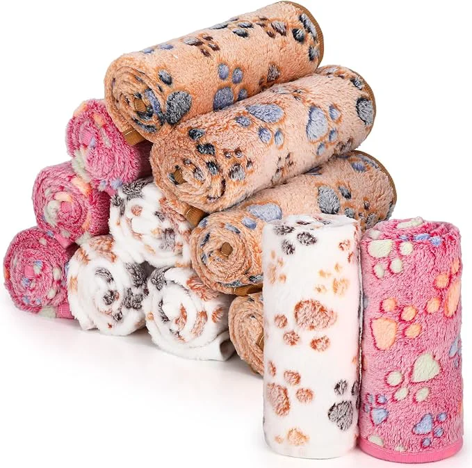 Carefully Designed Tegeme 12 Pcs Pet Blankets Soft Fluffy Fleece Dog Cat Warm Paw Print Pattern Artisan