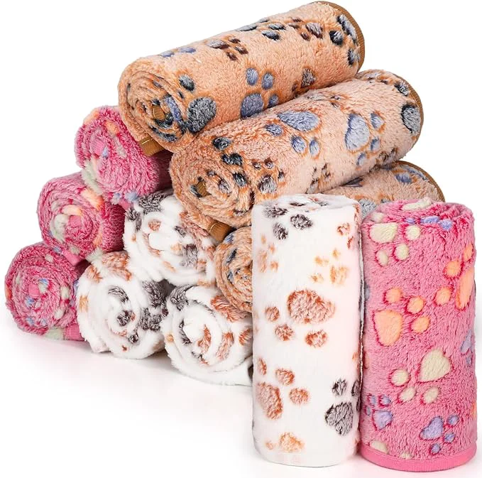Next-Generation Tegeme 12 Pcs Pet Blankets Soft Fluffy Fleece Dog Cat Warm Paw Print Pattern