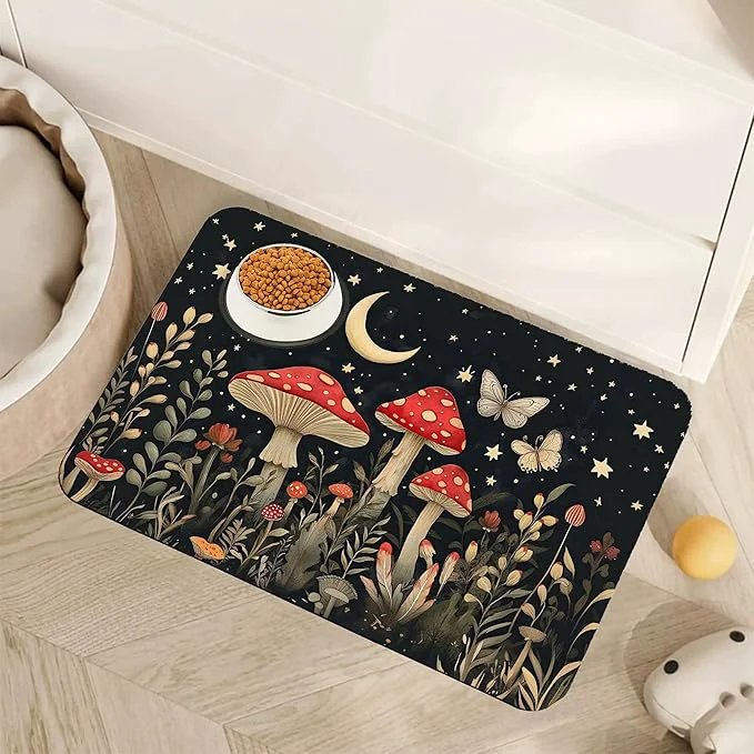 Unique Red Mushrooms Pet Feeding Mat Wildflower Plant Butterfly Absorbent Quick-Dry Eco-Friendly