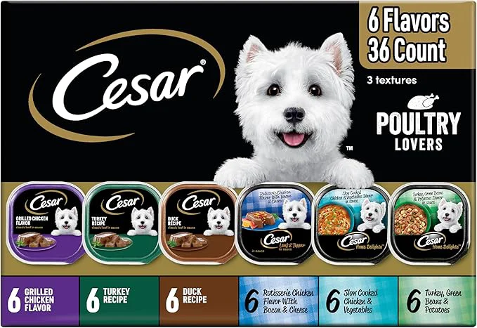 Recyclable Cesar Classic Loaf in Sauce Adult Wet Dog Food Poultry Lovers Variety Pack with Chicken Turkey or Duck 3.5 oz. Easy Peel Trays Pack of 36About This Safe