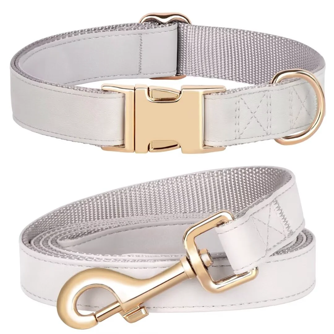 First-Class PET ARTIST Soft PU Leather Collar Leash Set – Gray Large 16-27 5ft Top-Quality
