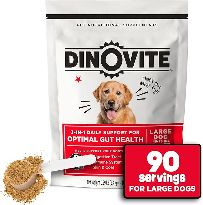 Professional Dinovite Probiotic Supplement for Dogs Omega 3 Hot Spot Relief Skin Coat Supplement 90 Day Supply for Large DogsAbout ThisOverview Effective
