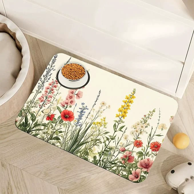 Breathable Vintage Flower Botanical Garden Dog Cat Food Mat Absorbent Pet Feeding Mat Contemporary