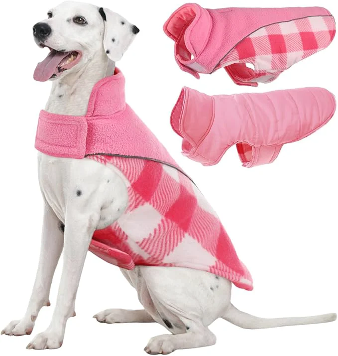 Versatile Kuoser Dog Winter Coat Reversible Waterproof Dog Jacket with Reflective Strip Warm Dogs Fleece Vest Adjustable Doggy Cold Weather Clothes Plaid Christmas Outfit Pet Apparel for Large Dogs Pink XLAbout ThisOverview Recyclable