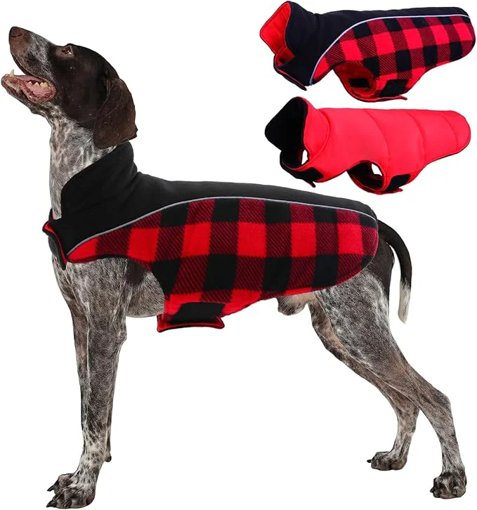 Stylish Kuoser Dog Winter Coat Reversible Waterproof Dog Jacket with Reflective Strip Warm Dogs Fleece Vest Adjustable Doggy Cold Weather Clothes Plaid Christmas Outfit Pet Apparel for Medium Dogs Red MAbout ThisOverview Fashionable