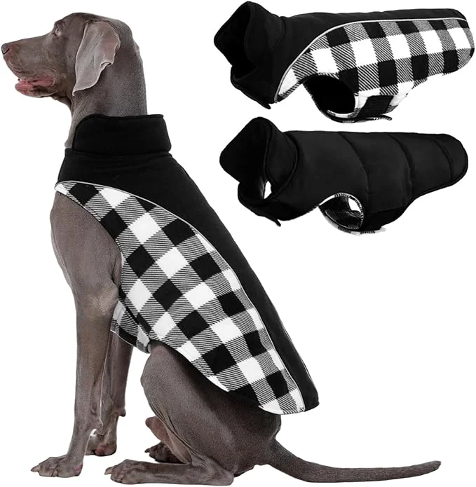 Carefully Designed Kuoser Dog Winter Coat Reversible Waterproof Dog Jacket with Leash Hole Warm Dogs Fleece Vest Adjustable Doggy Cold Weather Clothes Plaid Christmas Outfit Pet Apparel for Extra Large Dogs Black 3XLAbout ThisOverview Pure