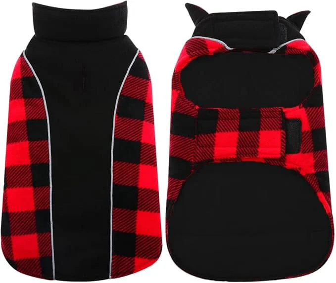 Dependable Kuoser Dog Winter Coat Reversible Waterproof Dog Jacket with Leash Hole Warm Dogs Fleece Vest Adjustable Doggy Cold Weather Clothes Plaid Christmas Outfit Pet Apparel for Large Dogs RedBlack LAbout ThisOverview Convenient