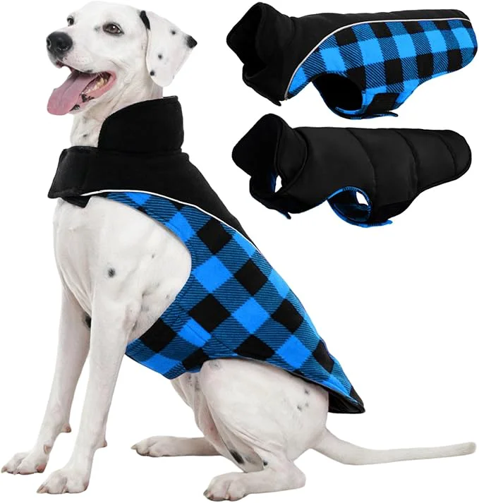 Eco-Friendly Kuoser Dog Winter Coat Reversible Waterproof Dog Jacket with Reflective Strip Warm Dogs Fleece Vest Adjustable Doggy Cold Weather Clothes Plaid Christmas Outfit Pet Apparel for Large Dogs Blue XLAbout ThisOverview High-Grade