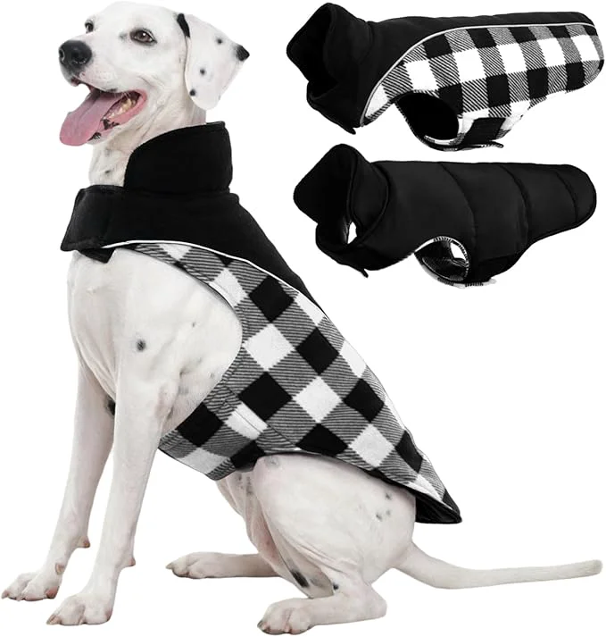 Exceptional Kuoser Dog Winter Coat Reversible Waterproof Dog Jacket with Reflective Strip Warm Dogs Fleece Vest Adjustable Doggy Cold Weather Clothes Plaid Christmas Outfit Pet Apparel for Large Dogs Black 2XLAbout ThisOverview Reusable