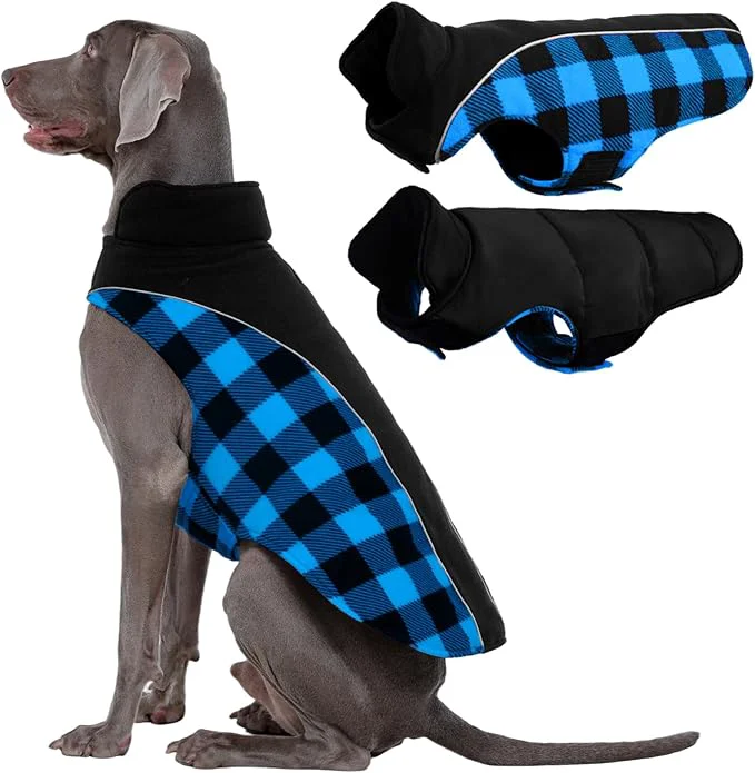 Enhanced Kuoser Dog Winter Coat Reversible Waterproof Dog Jacket with Leash Hole Warm Dogs Fleece Vest Adjustable Doggy Cold Weather Clothes Plaid Christmas Outfit Pet Apparel for Extra Large Dogs Blue 3XLAbout ThisOverview Specialty