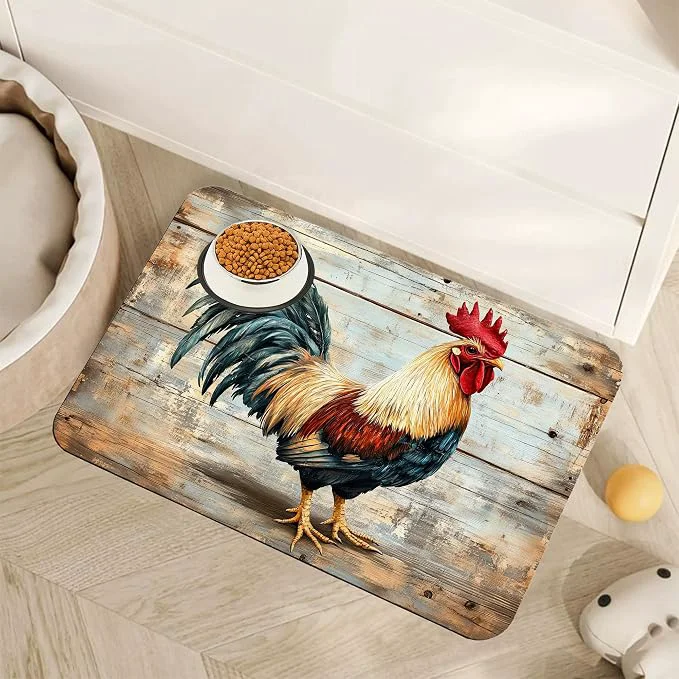Casual Rooster Dog Food Mat for Floors Vintage Wood Panel Absorbent Quick-Dry Pet World-Class