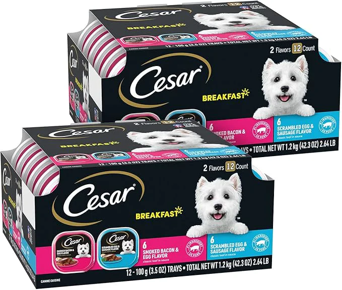Expertly Made Cesar Wet Dog Food Classic Loaf in Sauce Breakfast Lovers Variety Pack Smoked Bacon Egg Flavor and Scrambled Egg Sausage Flavor 3.5 oz. Easy Peel Trays 12 Count Pack of 2 About This Casual