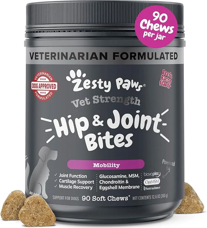 User-Friendly Zesty Paws Vet Strength Mobility Bites Beef Bacon Flavor Hip Joint Support Chews for Dogs with Glucosamine Chondroitin MSM Hyaluronic Acid Serrazimes - 90 CountAbout This Top-Quality