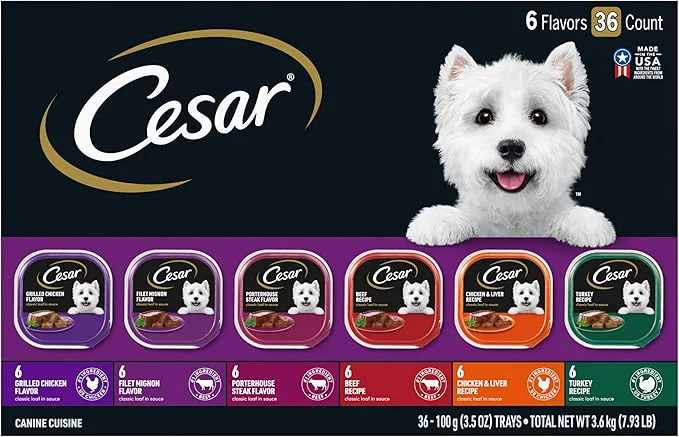 Stylish Cesar Wet Dog Food Classic Loaf in Sauce Grilled Chicken Filet Mignon Porterhouse Steak Beef Chicken Liver and Turkey Variety Pack 3.5 oz. Easy Peel Trays 36 Count Pack of 1 About This Enhanced