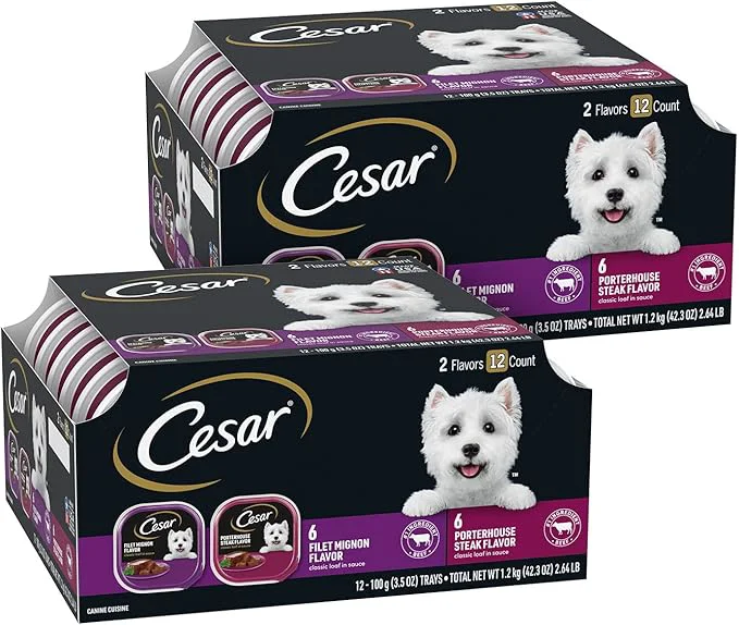Professional Cesar Wet Dog Food Classic Loaf in Sauce Filet Mignon Flavor and Porter House Flavor 3.5 oz. Easy Peel Trays 12 Count Pack of 2 About This Comfortable