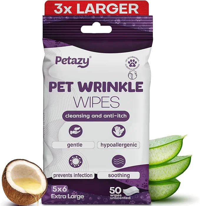 Trusted Wrinkle Wipes for Dogs 50 Count 5x6 3X Larger Dog Face Wipes for French Bulldog and Pug - Cleans Skin Folds Tear Stains Tail Pockets Anti-Itch Soothing Hypoallergenic with Coconut OilAbout This Top-Quality