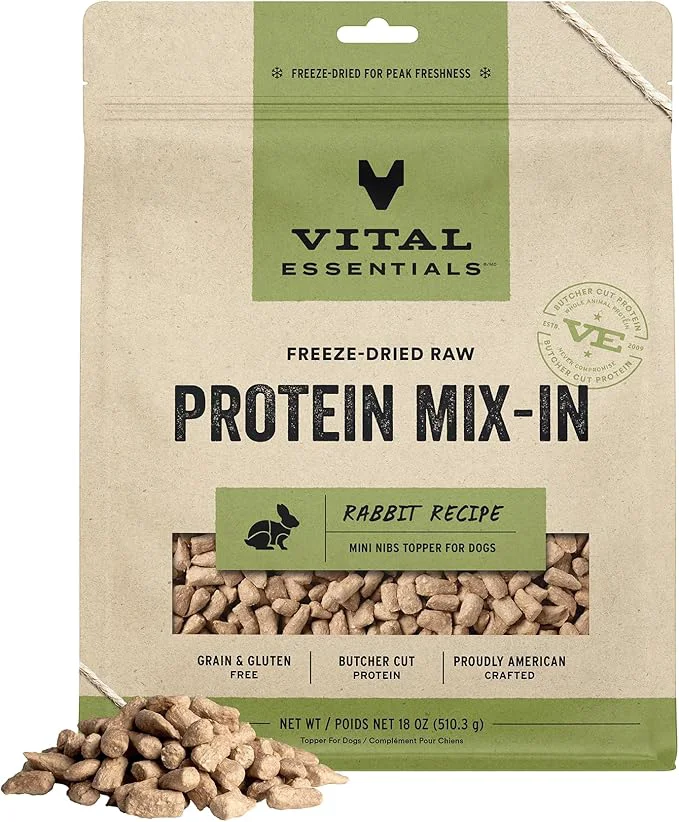 Premium Vital Essentials ze-Dried Raw Protein Mix-in Dog Food Topper Rabbit Mini Nibs Topper for Dogs 18 ozAbout This Unique