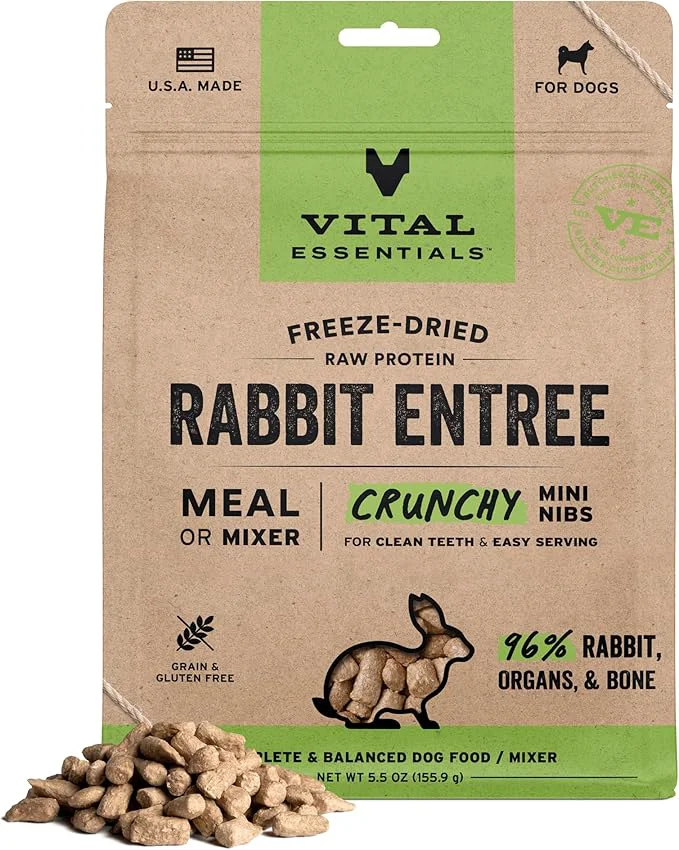 Exclusive Vital Essentials ze-Dried Raw Rabbit Crunchy Mini Nibs Complete Meal or Mixer Dog Food 5.5 ozAbout This Expertly Made