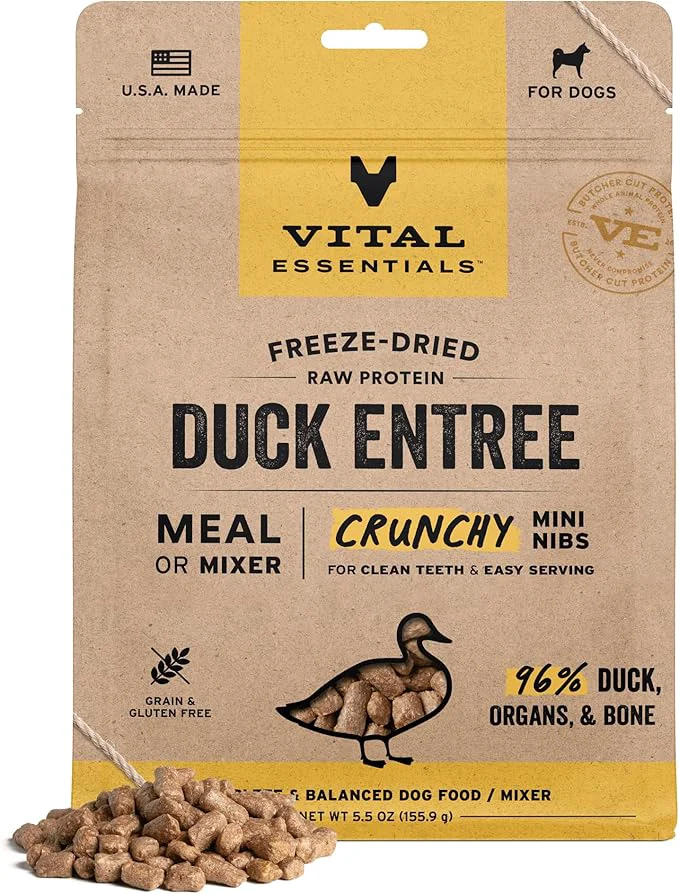 Relaxed Vital Essentials ze-Dried Raw Duck Crunchy Mini Nibs Complete Meal or Mixer Dog Food 5.5 ozAbout This Crafted