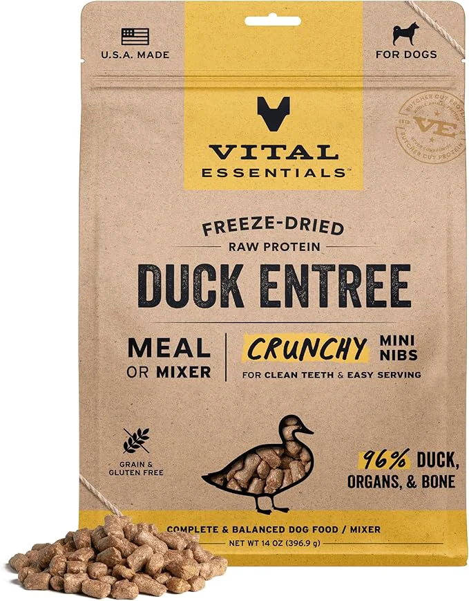 Reusable Vital Essentials ze-Dried Raw Duck Crunchy Mini Nibs Complete Meal or Mixer Dog Food 14 ozAbout This Consistent