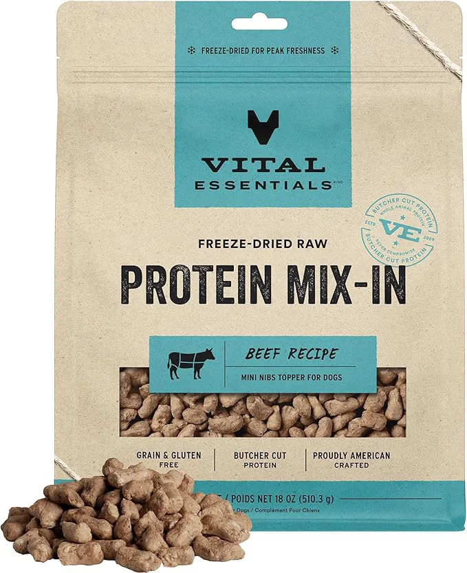 Prestigious Vital Essentials ze Dried Raw Protein Mix-in Dog Food Topper Beef Mini Nibs Topper for Dogs 18 ozAbout This Premium Material