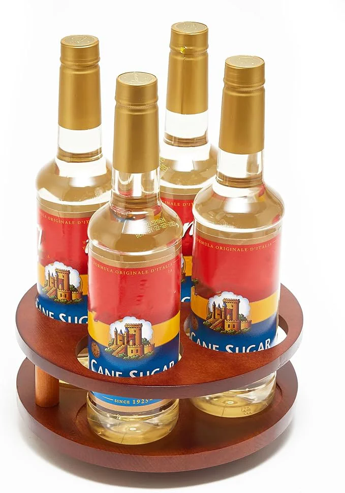 Traditional Wood Rotating Coffee Syrup Organizer 4 Bottles Coffee Syrup Rack Coffee Station Organizer with Large Base and Anti-Slip PadAbout ThisOverview Outstanding