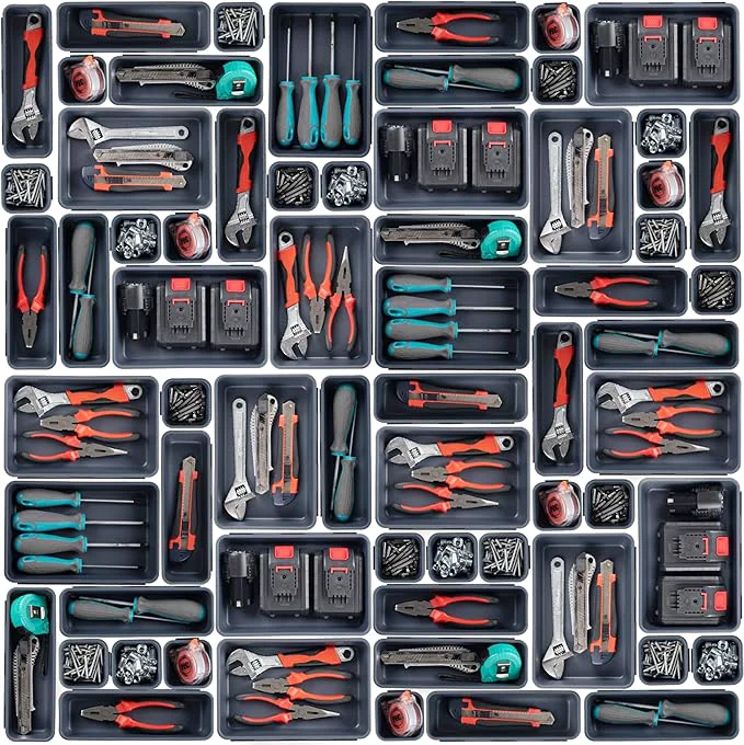 Stylish 45 Pack Tool Box Organizer Tray 3-Sizes Tool Box Organizers And Storage for Hammer Wrench Screw Small Parts Toolbox Organization Tool Cart Chest Garage Drawer Organizer Tray GreyAbout ThisOverview Flexible