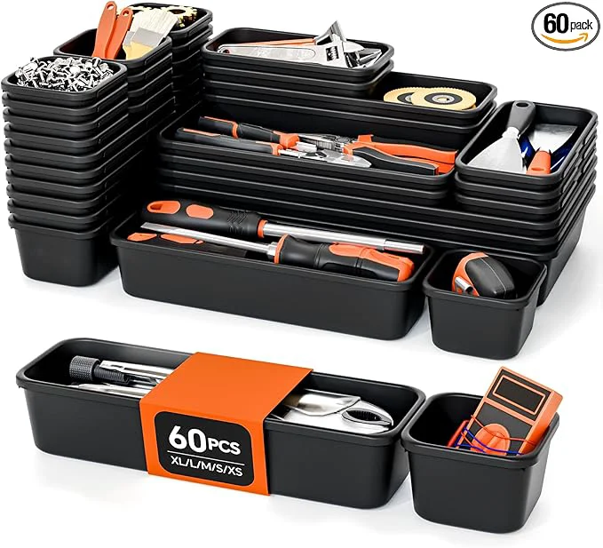 Casual 5-Sizes 60 Pack Tool Box Organizer Tray Large 12'' Tools Box Organizers and Storage for Hammer Wrench Screw Small Parts Toolbox Organization Tool Cart Chest Garage Drawer Organizer Tray BlackAbout ThisOverview Carefully Designed